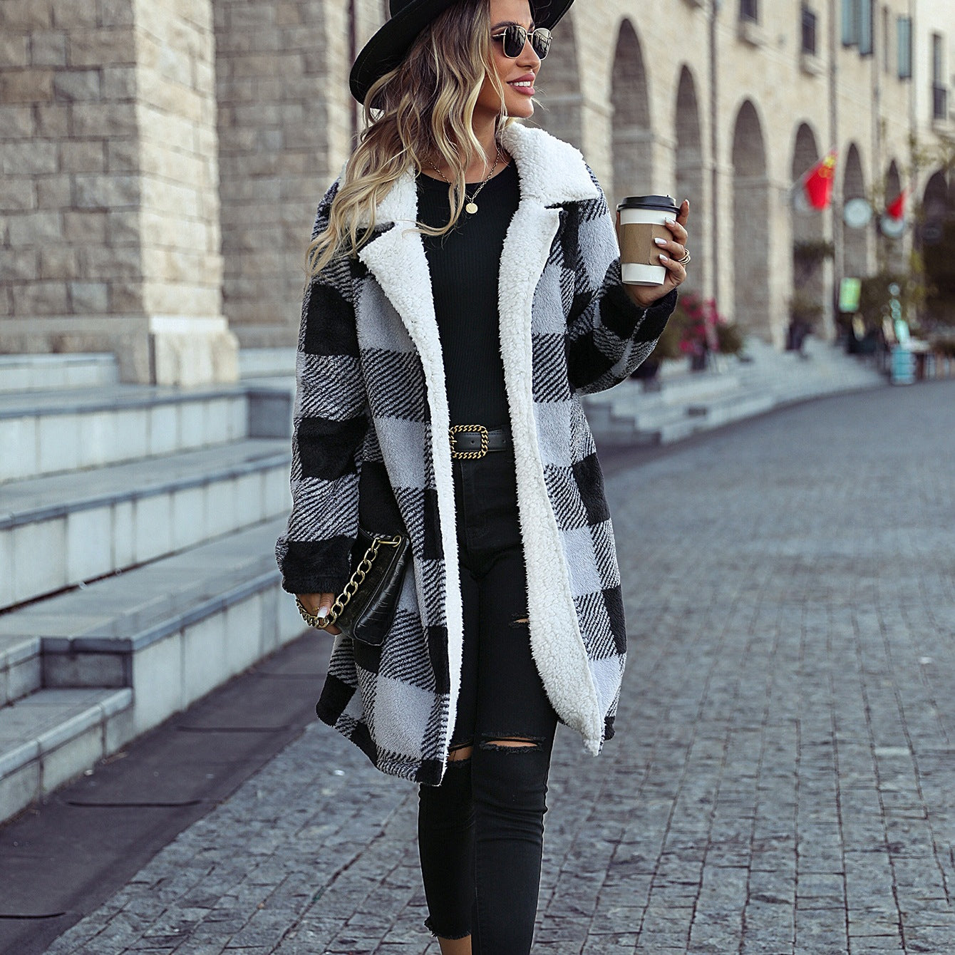 Women's autumn clothing lapel long sleeve buckle-free Plaid long loose cardigan double-sided casual coat