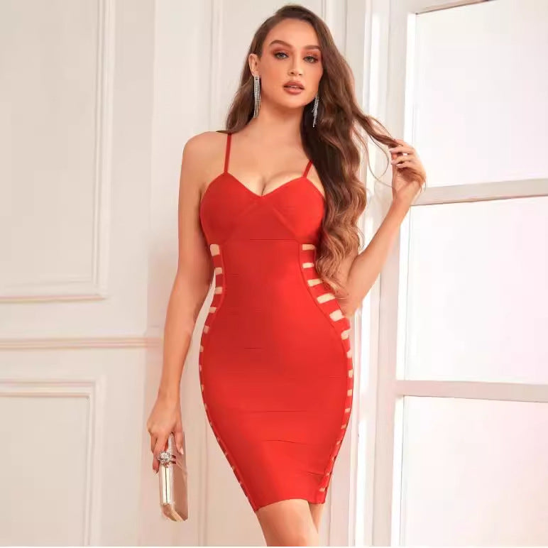 Women's Fall Winter Slim Knitted Sling Solid Color Bandage Dress