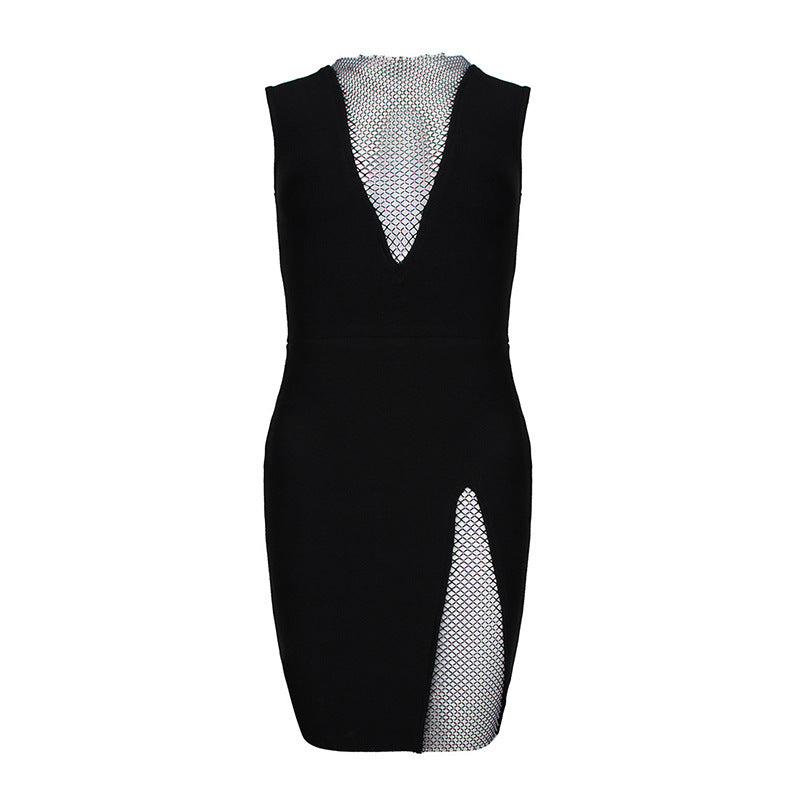 Net Drill V-Neck Sexy Sleeveless See-Through Slim Bandage Dress