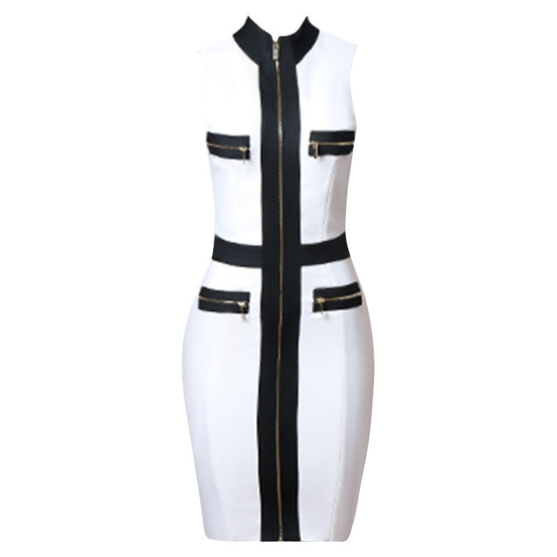 Bandage Dress Black And White Color Matching Metal Zipper Mid-Length