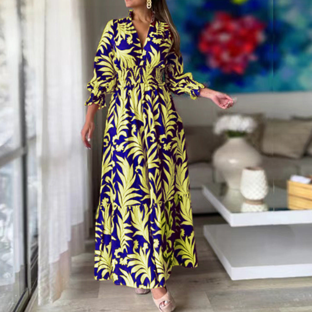 New long dress, waist pullover, bohemian print long-sleeved big swing dress.