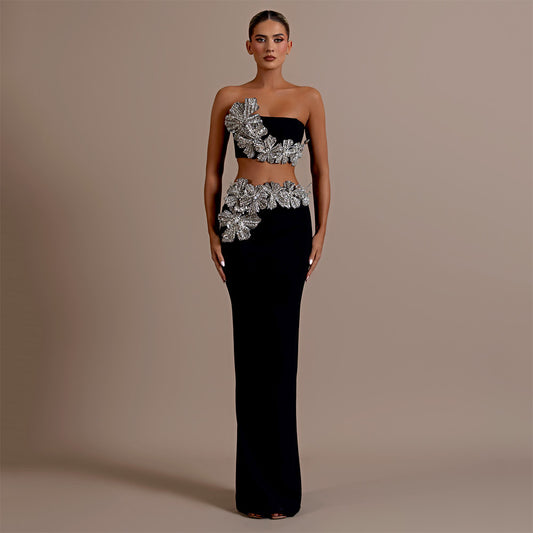 Flower Rhinestone Sexy Bandage Suit Banquet Party Two-Piece Set