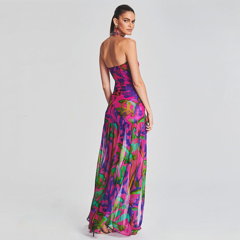 Sexy Tube Top Split Long Dress Seaside Vacation Romantic Printed