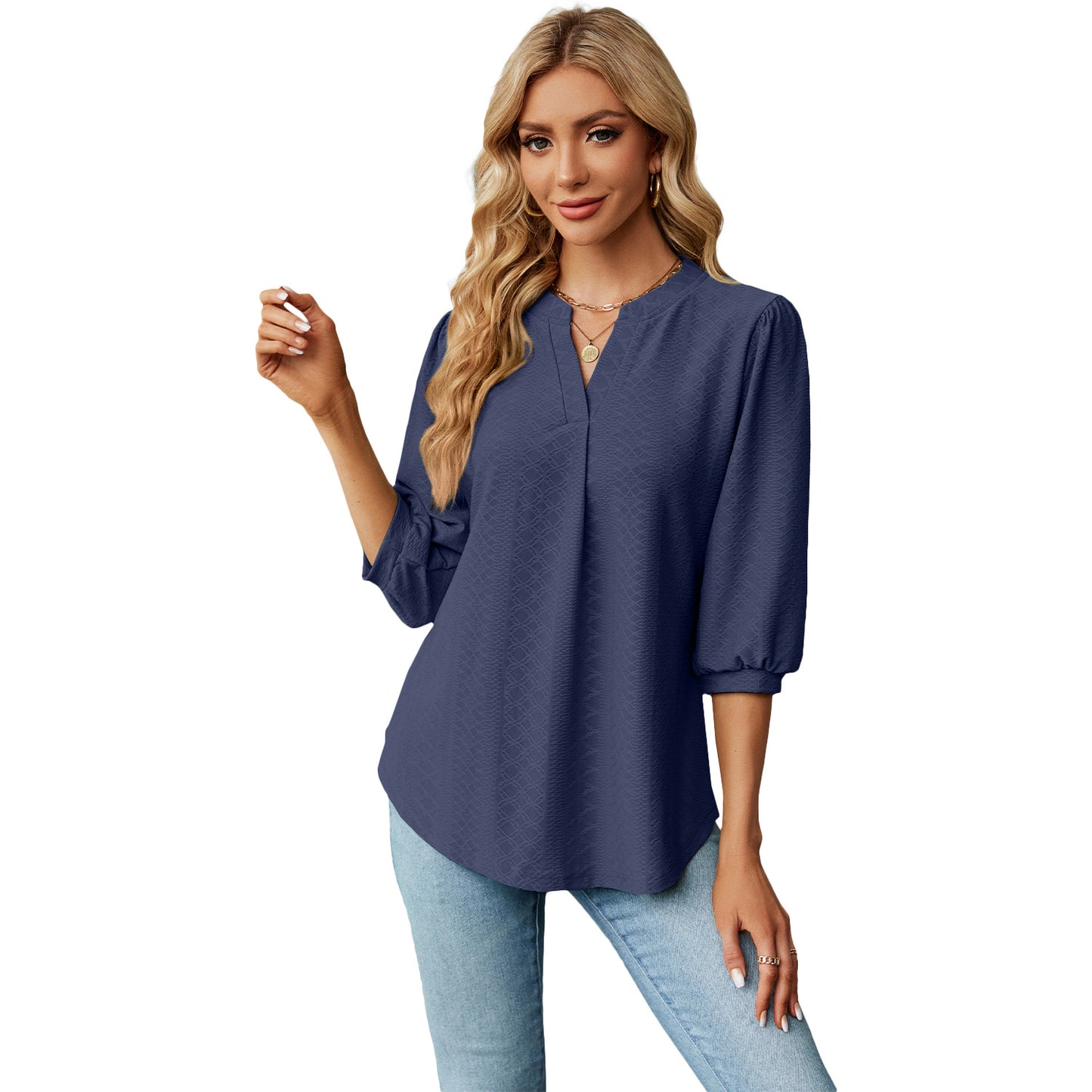 Autumn and Winter new solid color and V-neck jacquard 3/4 sleeve loose-fitting T-shirt top women