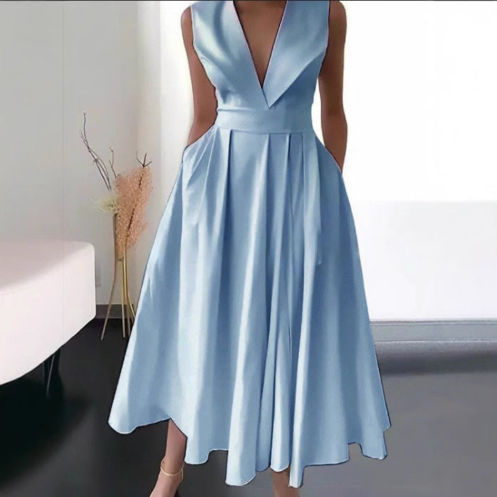 Summer sleeveless waist pocket pendulum medium and long solid color dress