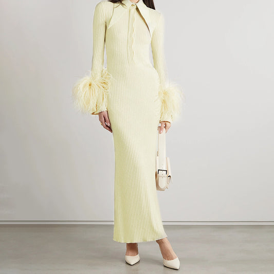 Polo Collar Long Sleeve Feather Stitching Long Evening Dress