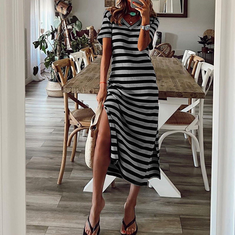 Spring plus size striped printed dress  loose hem skirt
