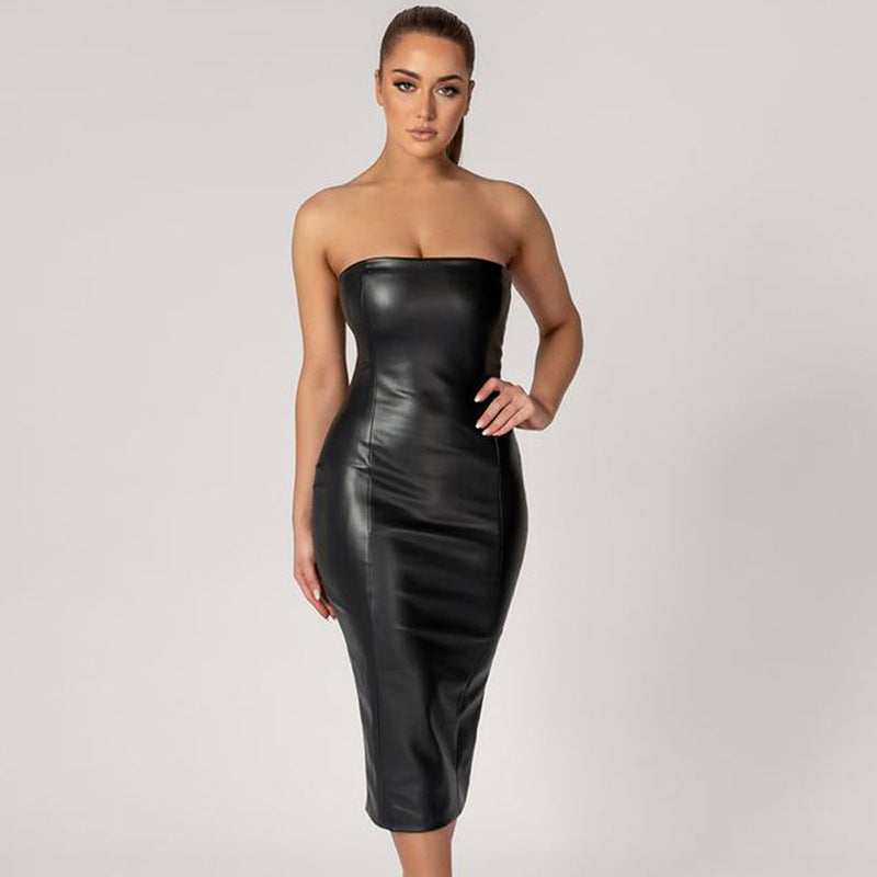 PU leather slim-fit tube top back slit sexy midi dress for women