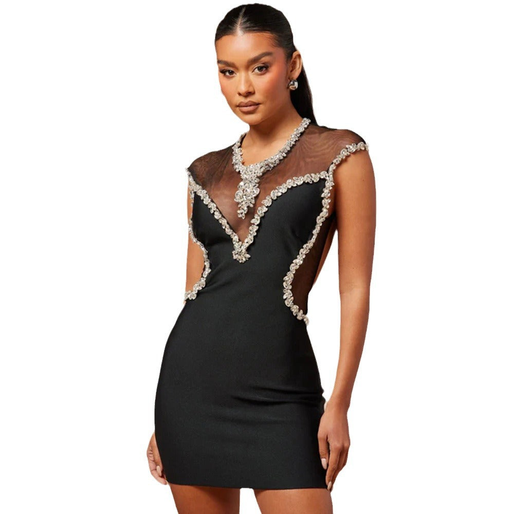 Backless Slim Mini Sexy Mesh Diamond Bandage Dress