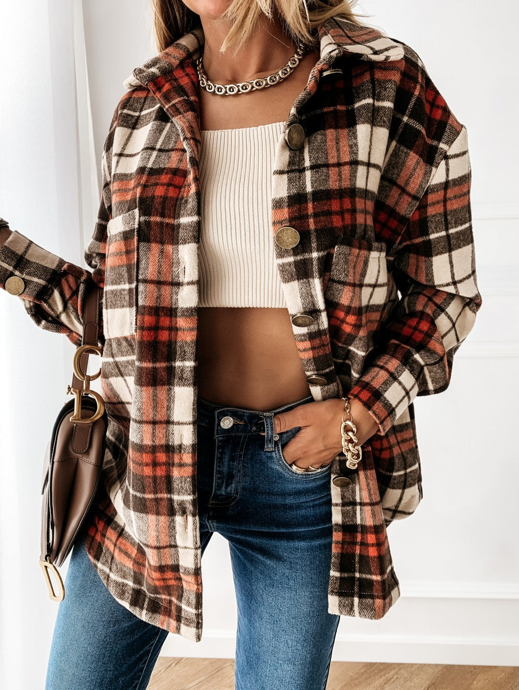 Women's autumn and winter loose casual retro plaid long sleeve shirt coat