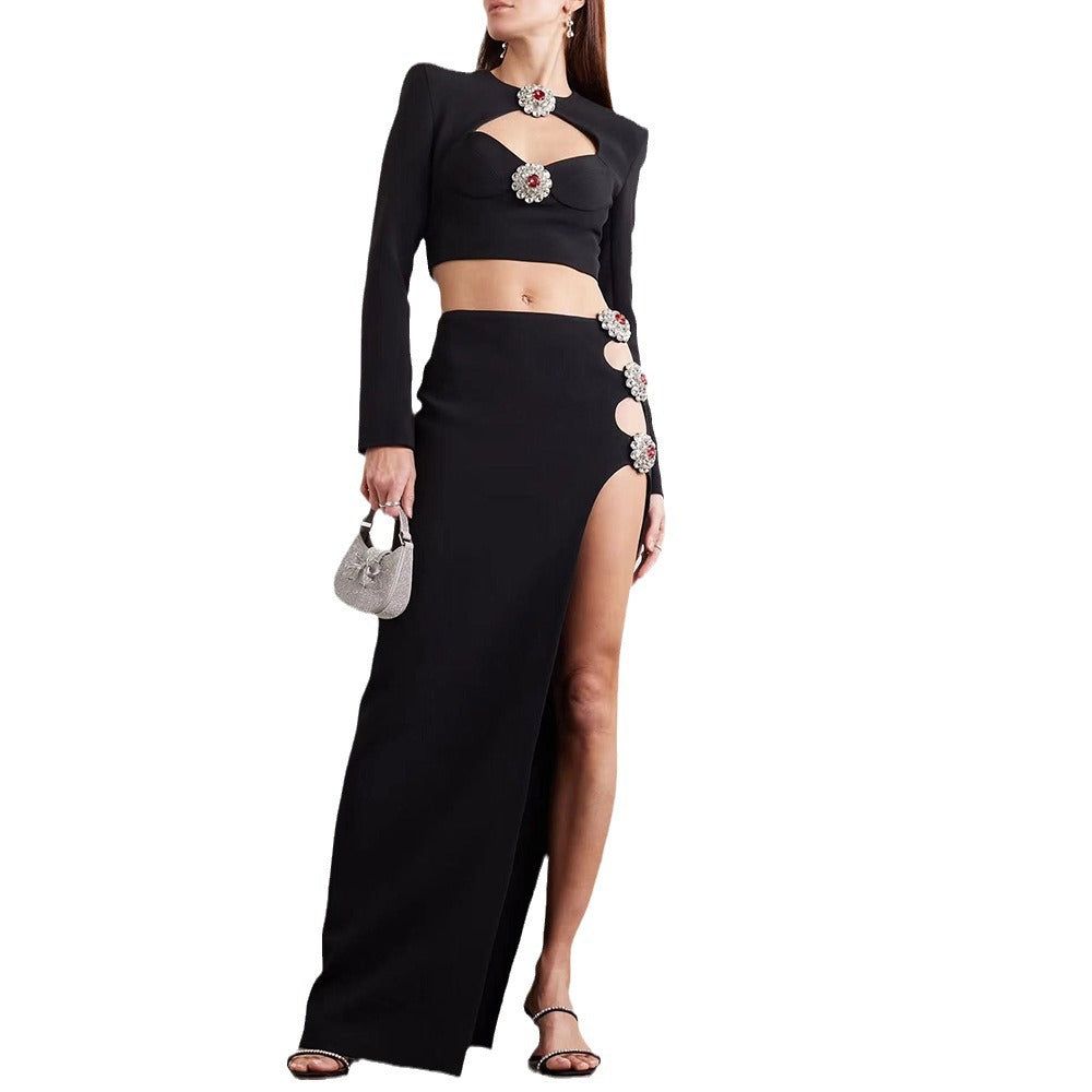 Sexy Long Sleeve Hollow Diamond Short Top Side Slit Skirt Black Bandage Two-Piece Set