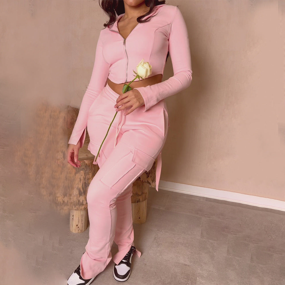 Casual Skinny Sportswear Multi-Pocket Tooling Clothes and Hats Set