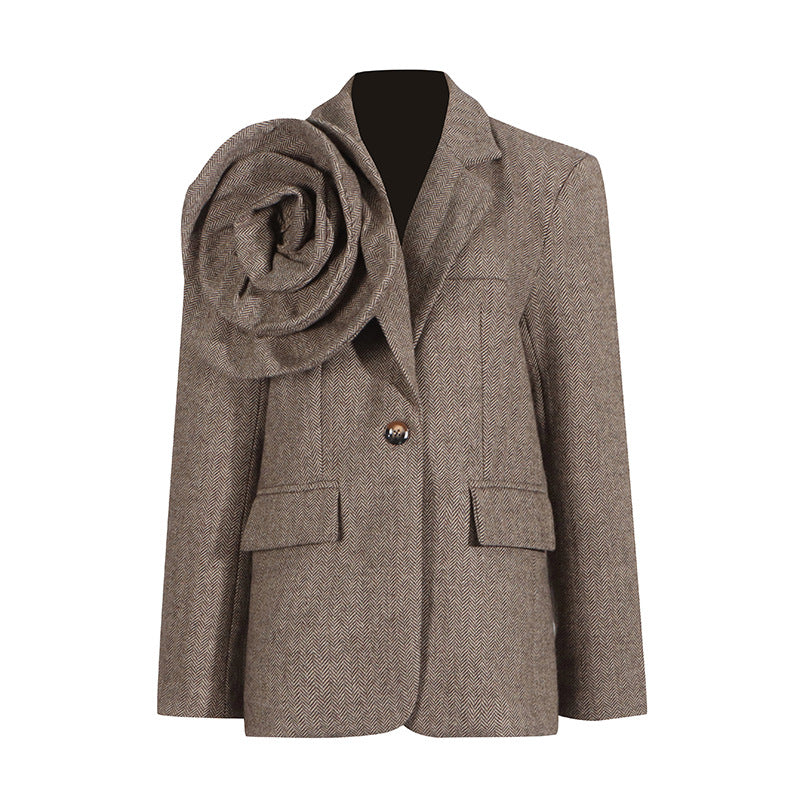 2024 Spring New Artistic Retro Three-Dimensional Flower Loose Design Sense One Button Solid Color Suit Jacket For Women