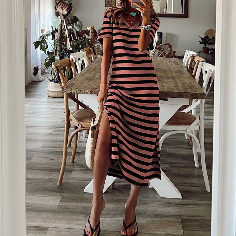 Spring plus size striped printed dress  loose hem skirt