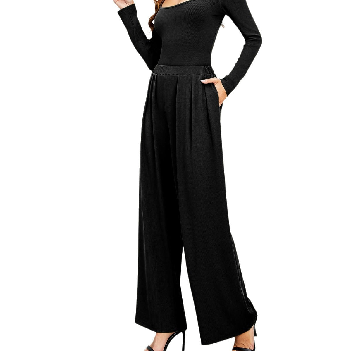 Pure Color Casual Straight-Leg Pants Women Drape Wide Leg