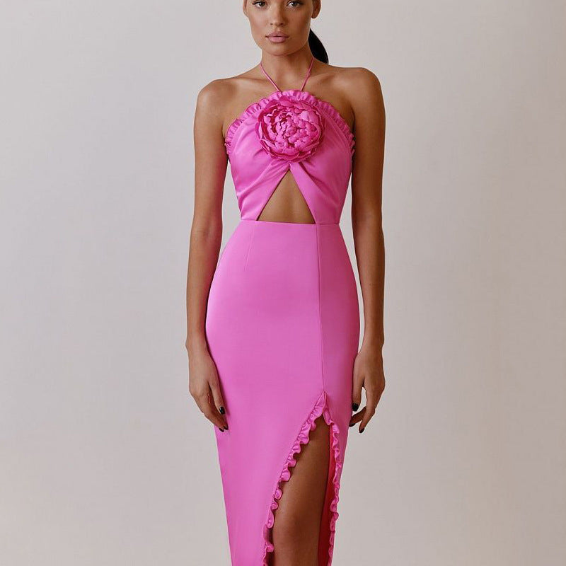 Evening Gown Halter Off-The-Shoulder 3D Rose Split Dress Party