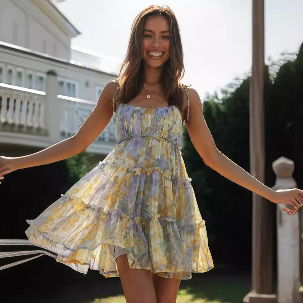 Spring and summer new holiday style sexy print high-end European and American suspender dress