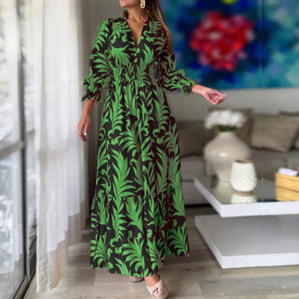 New long dress, waist pullover, bohemian print long-sleeved big swing dress.