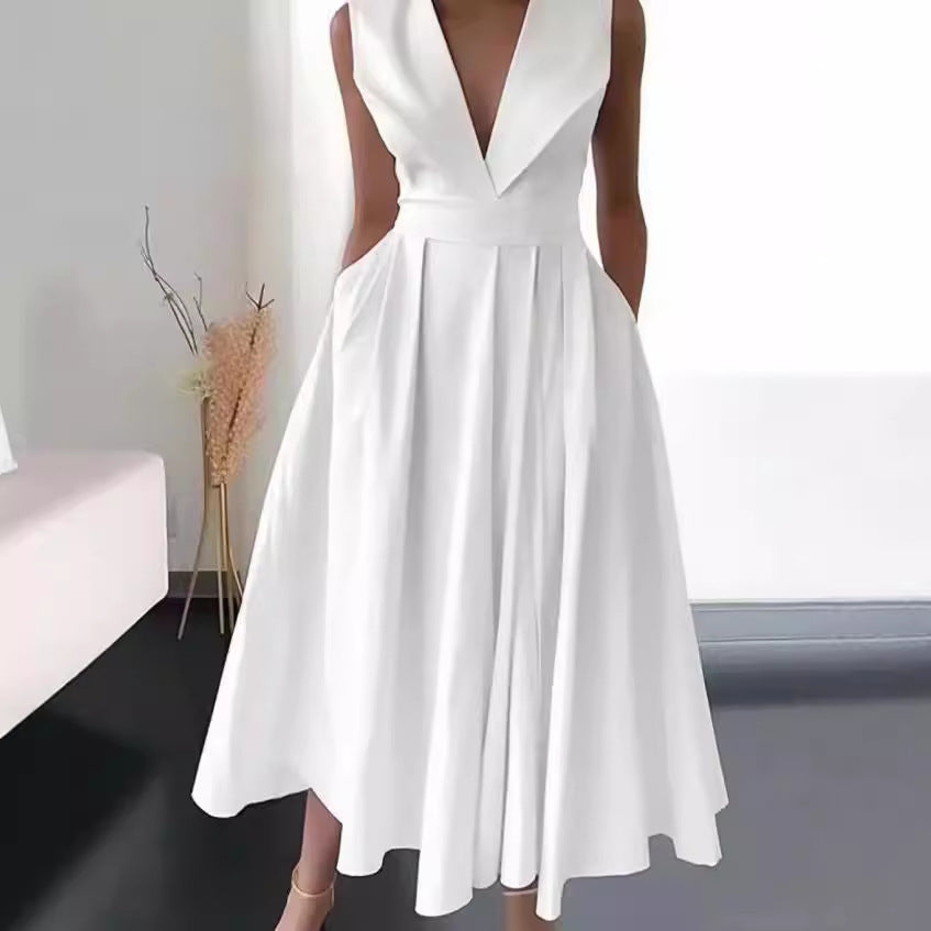 Summer sleeveless waist pocket pendulum medium and long solid color dress