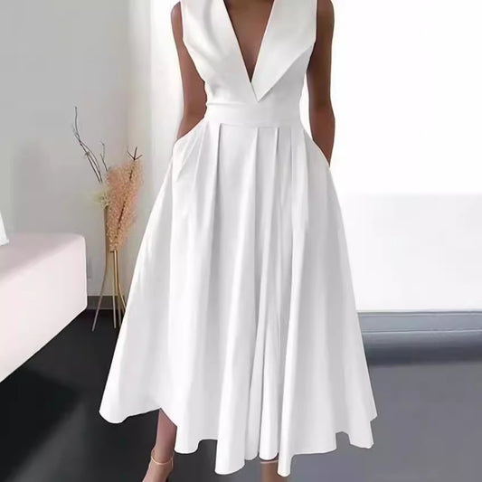 Summer sleeveless waist pocket pendulum medium and long solid color dress