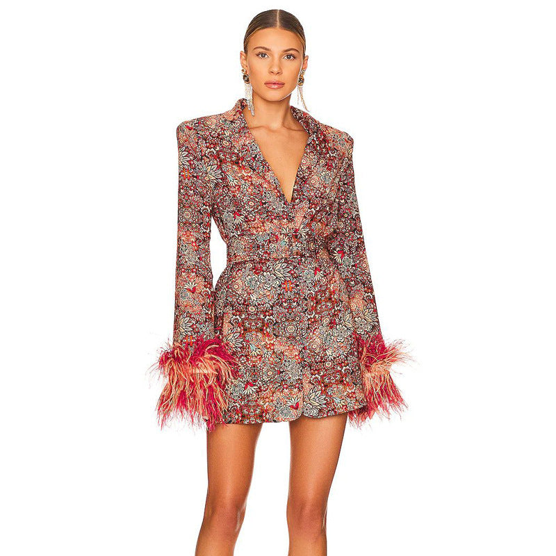 Printed Feather Cuff V-Neck Belt Suit Dresses High Waist Floral Dress