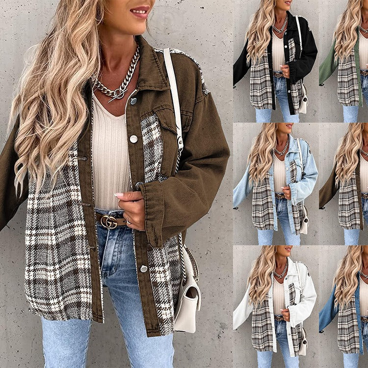 Autumn and winter Denim jacket long sleeve plaid button shirt jacket top