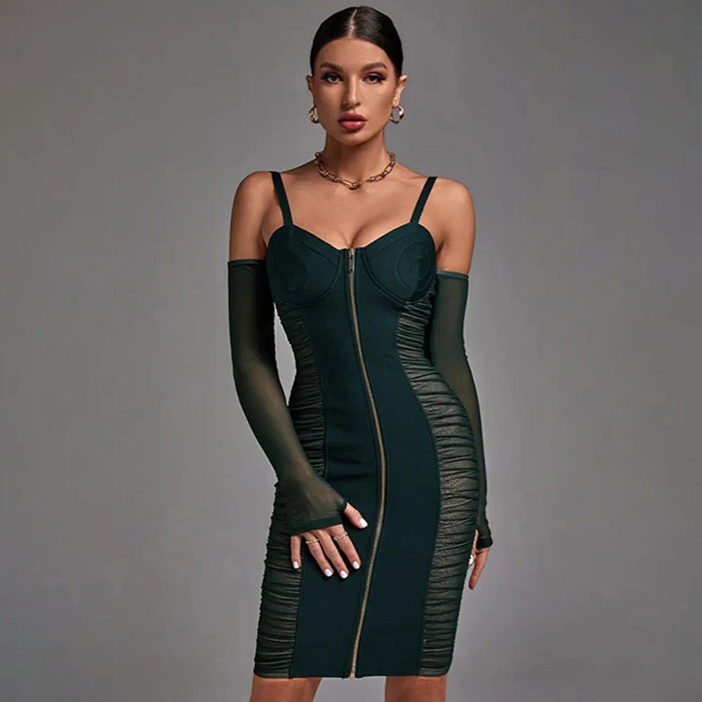 Mesh See-Through Off Shoulder Spaghetti Hollow Out Tied Pleated Dress