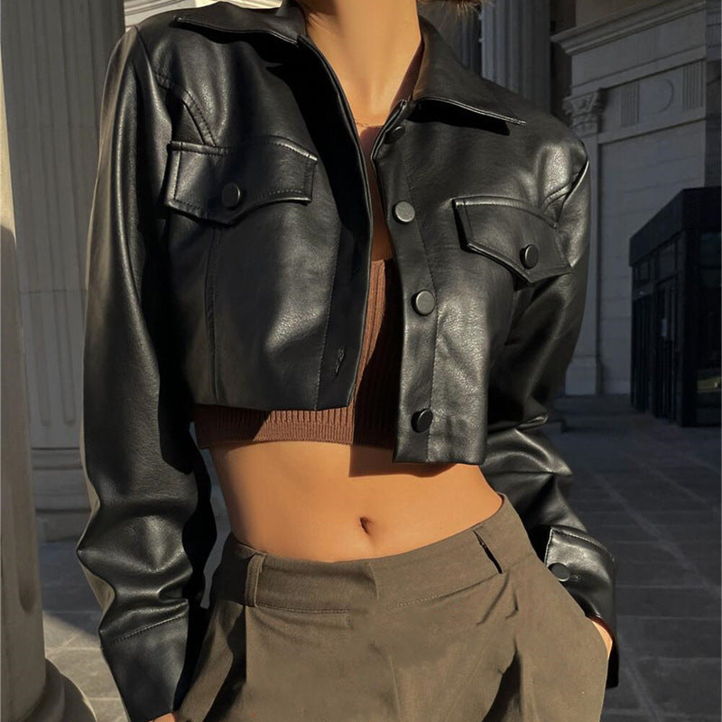 Autumn Winter sexy cropped hot girl motorcycle clothing women's leather top coat