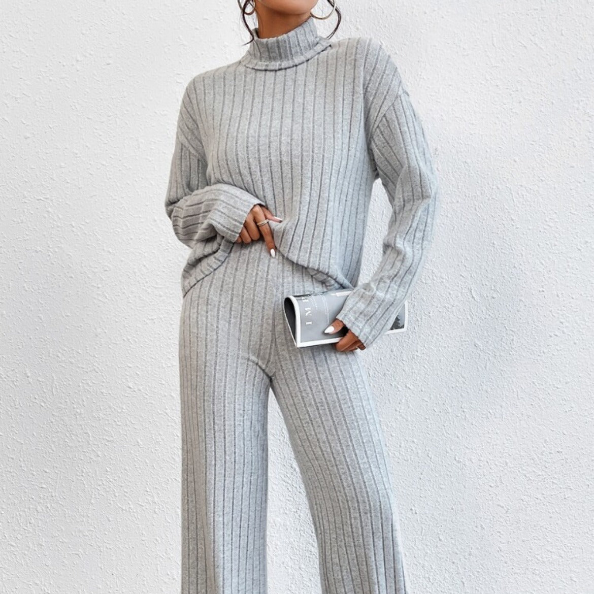 Autumn and Winter solid color turtleneck long sleeve sunken stripe loose wide leg pants home wear two-piece suit