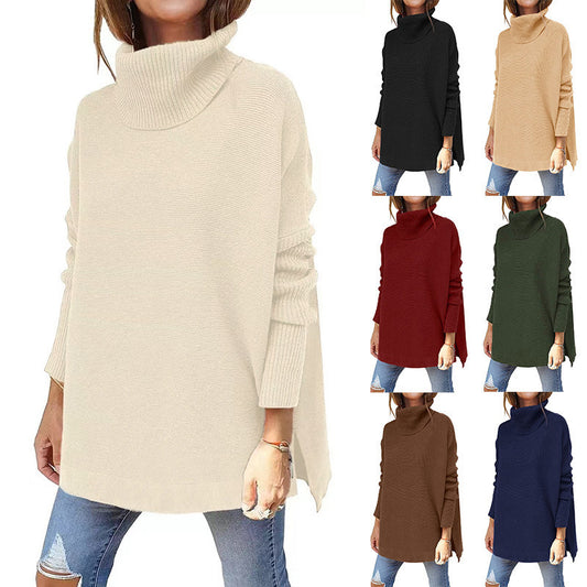 Turtleneck sweater mid-length batwing sleeve hem waist pullover sweater needle woven women