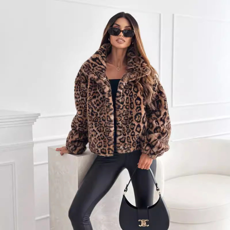 Fashion personality new autumn and winter fluffy leopard print lapel short coat