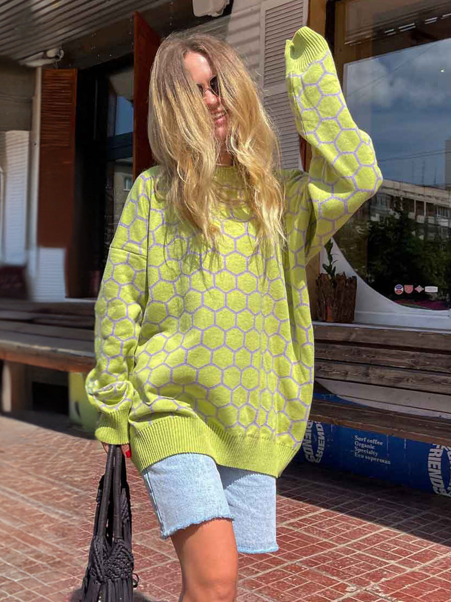 Round neck honey sweater autumn and winter loose plaid pullover round neck knitted women's top