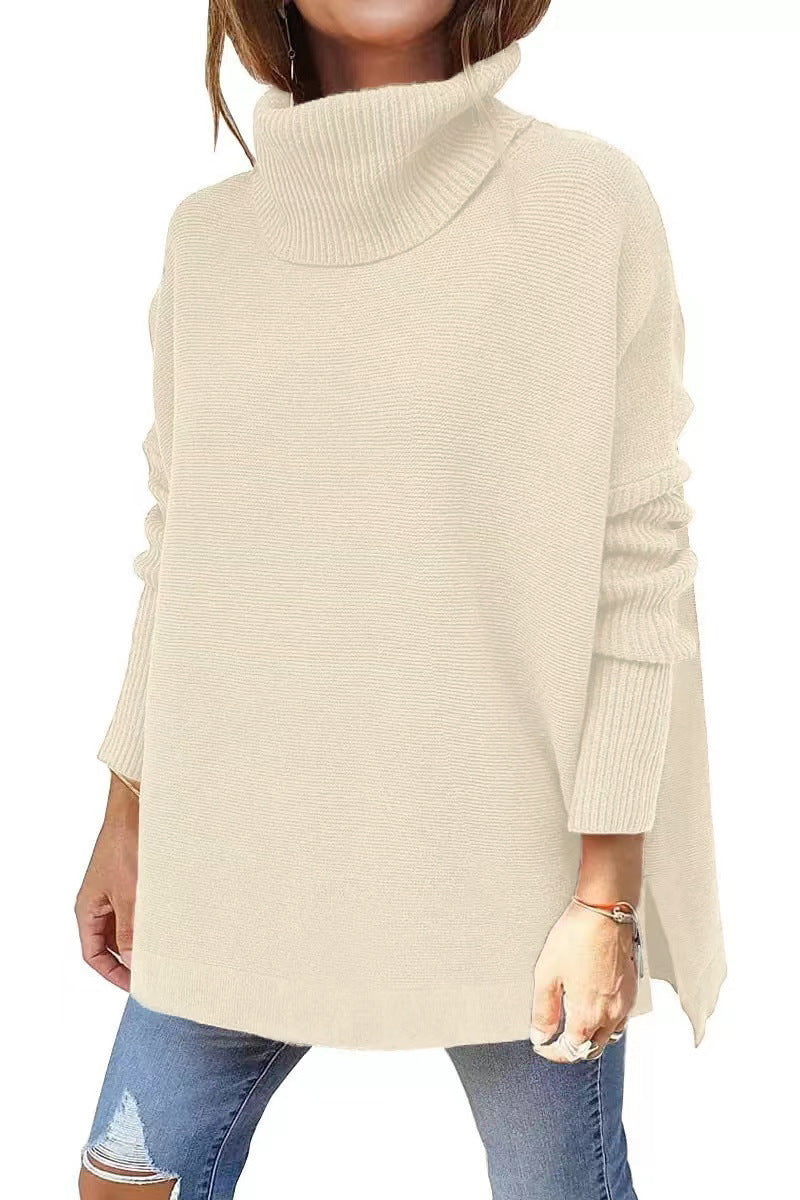 Turtleneck sweater mid-length batwing sleeve hem waist pullover sweater needle woven women