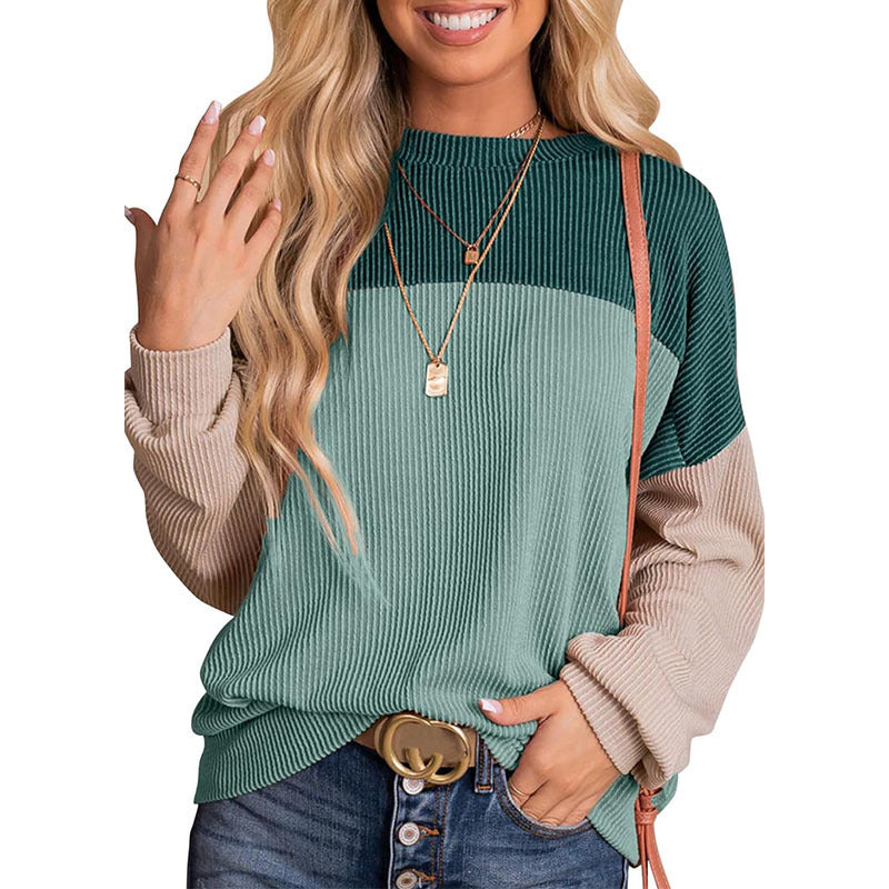 New independent station Europe and America cross border women's clothing color matching casual loose sweater pullover top T-shirt