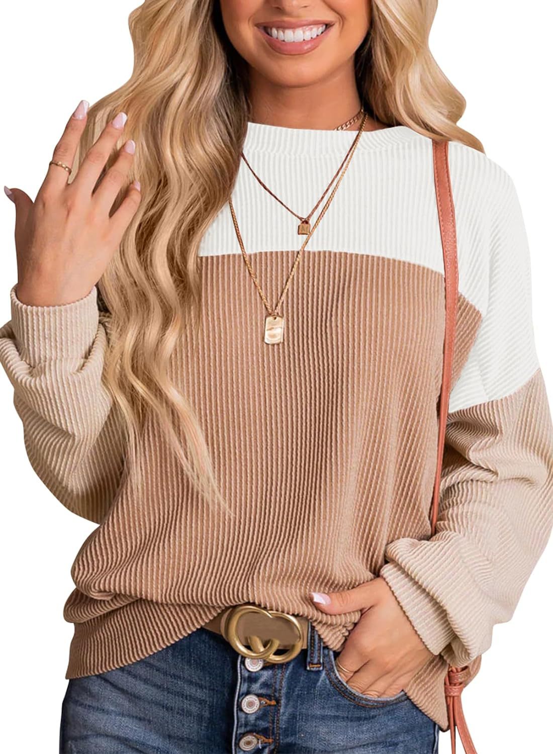 New independent station Europe and America cross border women's clothing color matching casual loose sweater pullover top T-shirt