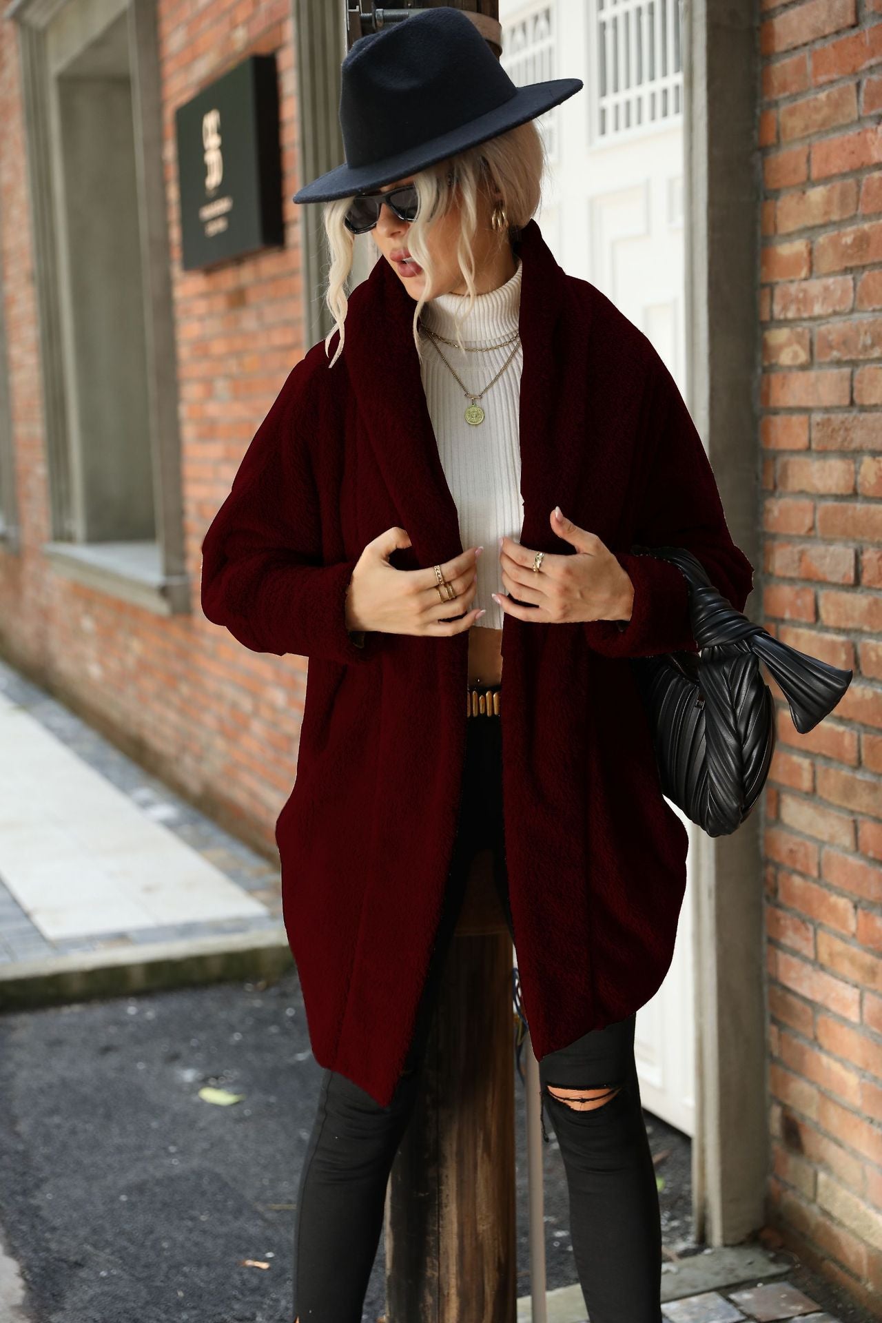 Cardigan women's clothes double-sided velvet casual long buckle-free solid color loose lapels coat