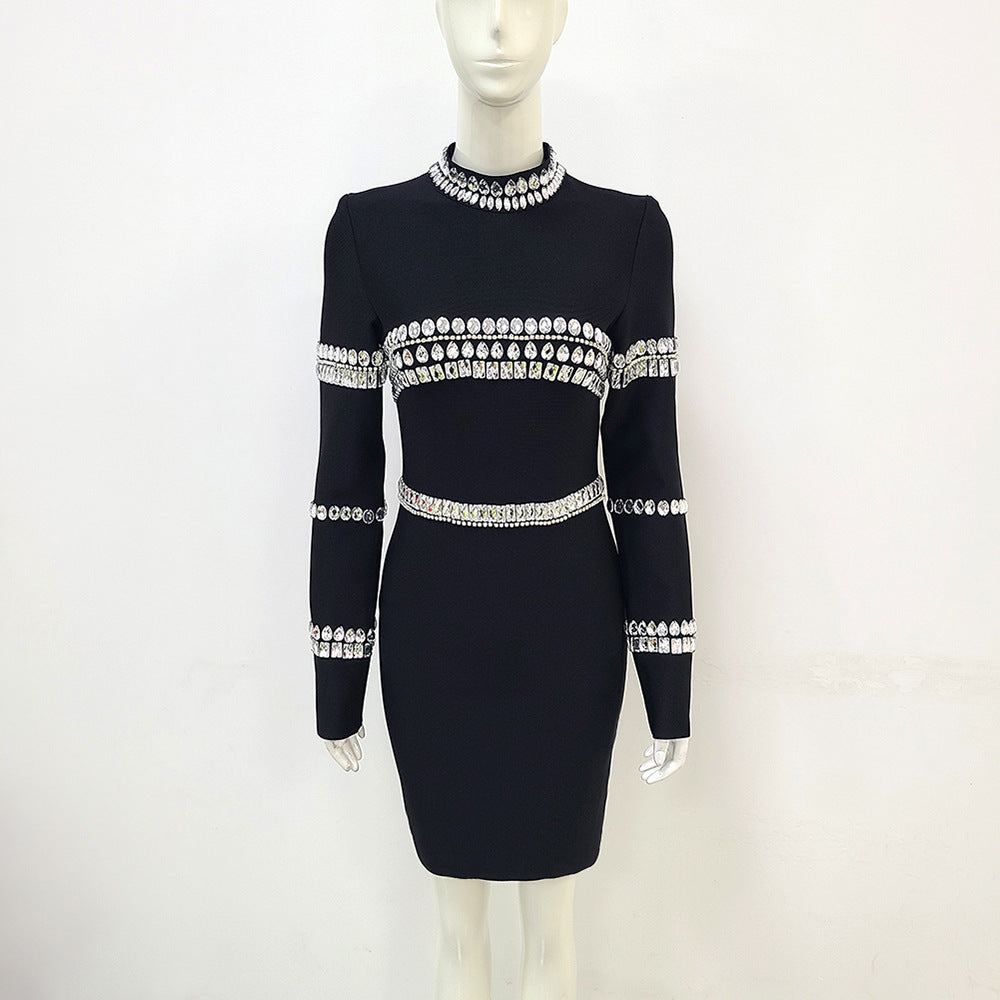 Black Long Sleeve Stand Collar Sewed Diamond Stretch Bandage Dress