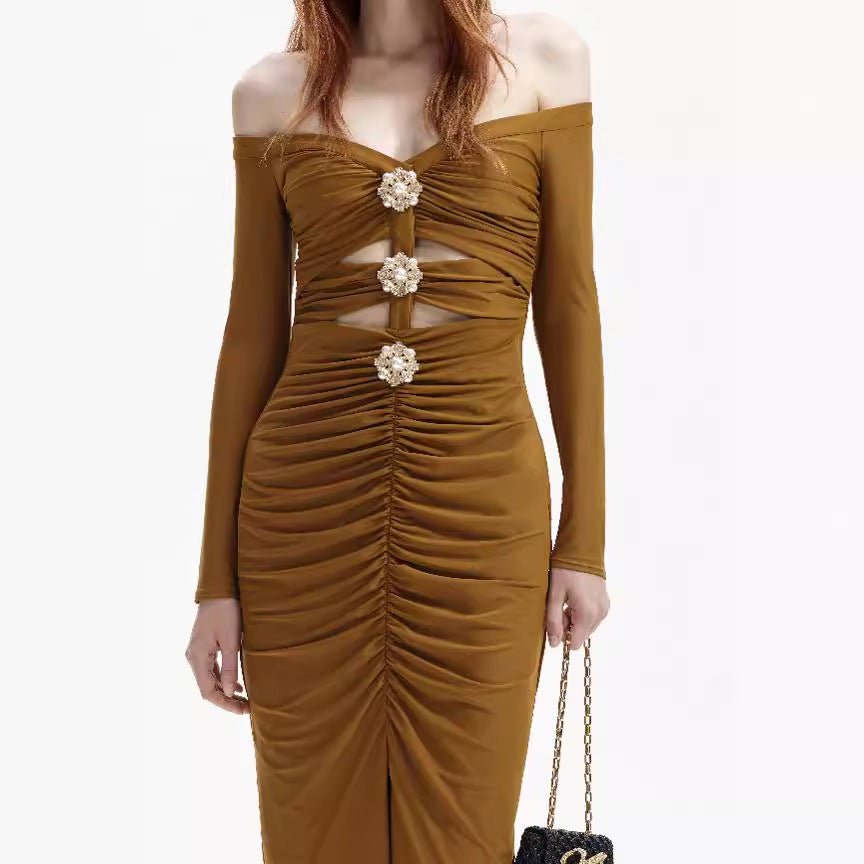 French Shoulder Hollow Flower Bandage Dress Feminine Celebrity High-end Evening Dress