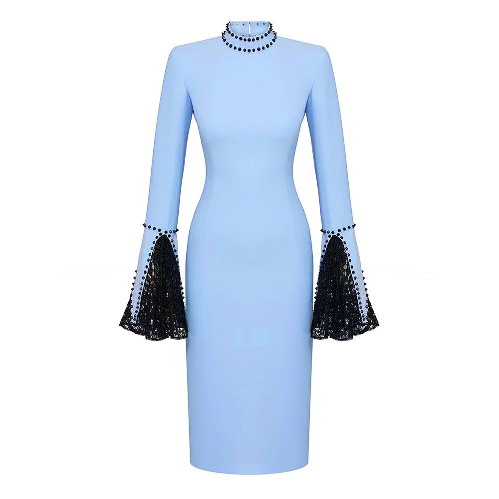 Women Sexy Turtleneck Long Sleeve Lace Stitching Bandage Dress