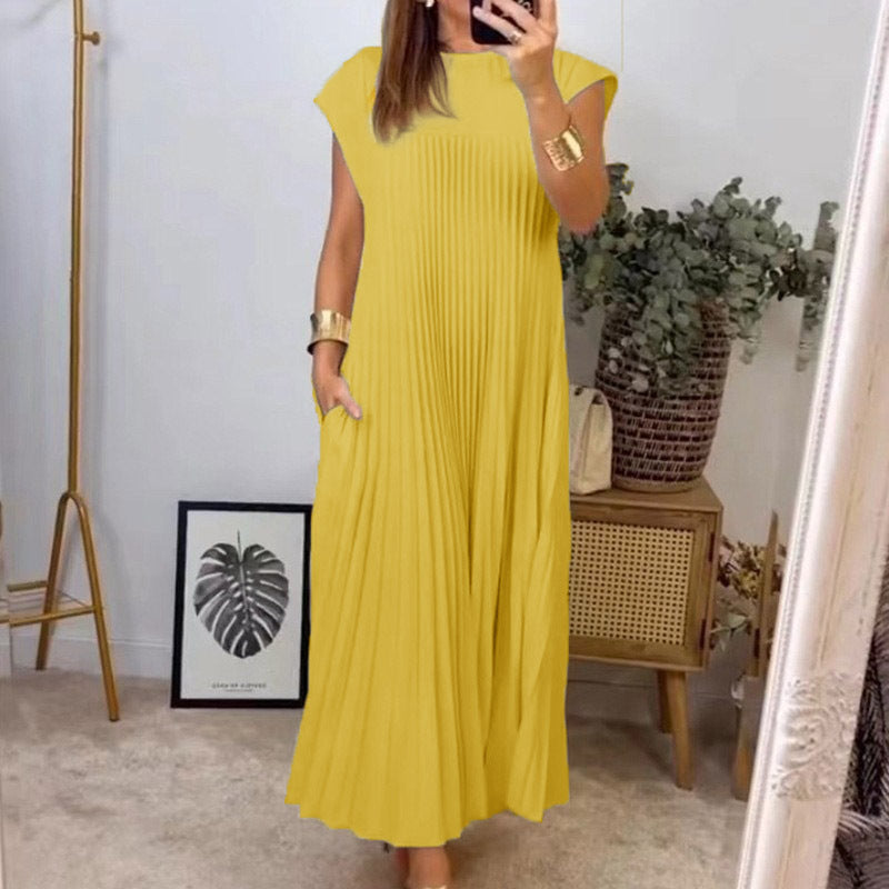 New dress elegant and fashionable round neck sleeveless pleated long dress