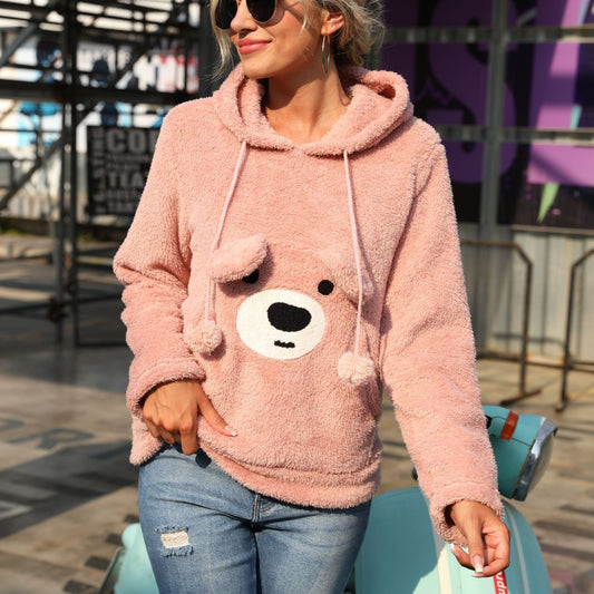 Casual cute women's autumn clothing hooded long sleeve pullover loose double-sided velvet bear pattern sweater