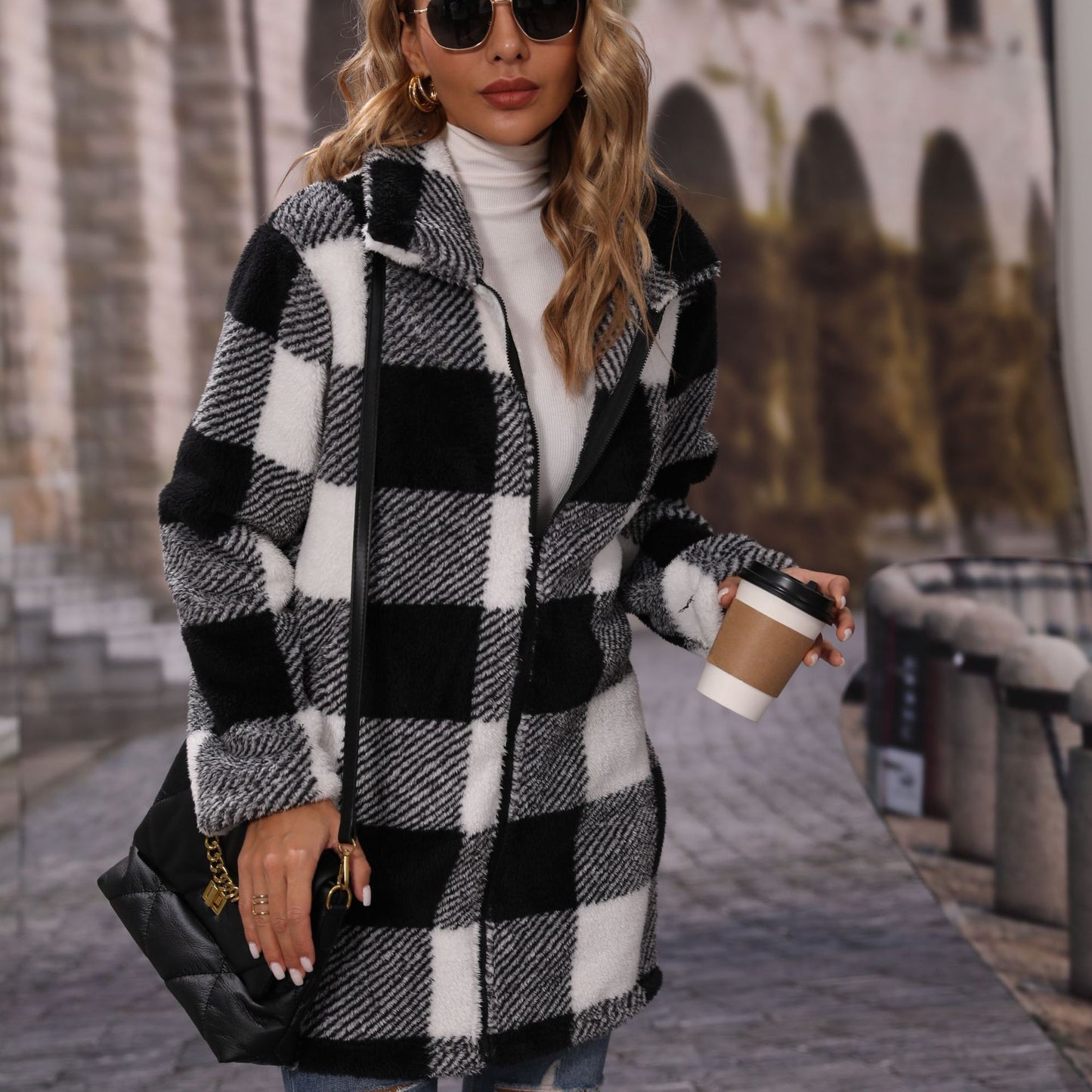 Women's autumn clothing lapel long sleeve loose plaid zipper double-sided velvet casual long coat