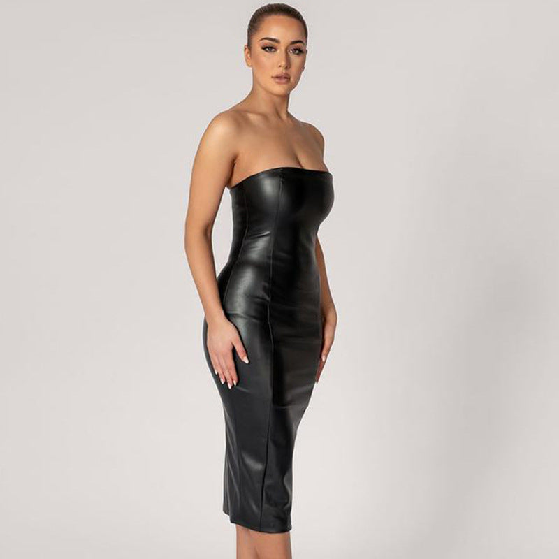 PU leather slim-fit tube top back slit sexy midi dress for women