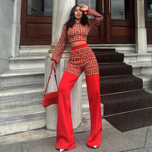 Autumn and Winter ethnic style printed grid long sleeve short top high waist straight-leg pants suit