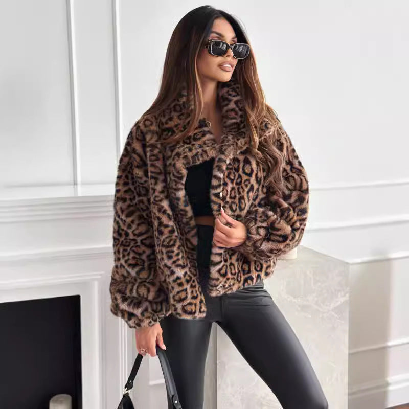 Fashion personality new autumn and winter fluffy leopard print lapel short coat