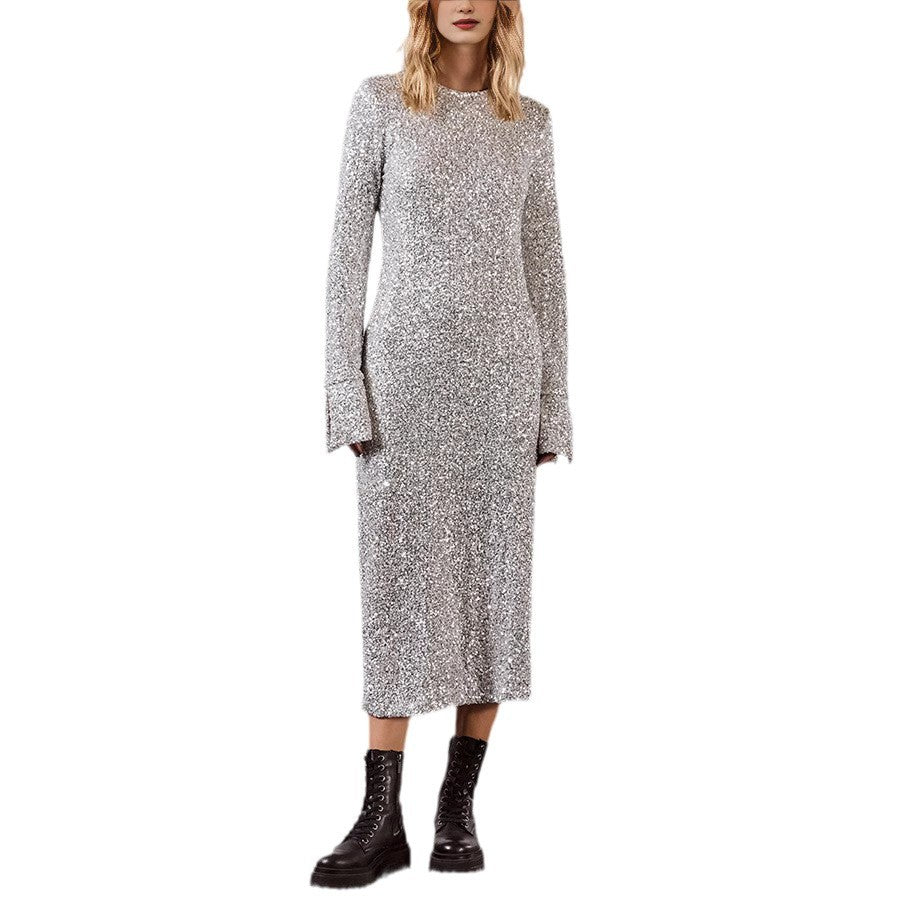 New simple bead piece street style fashion long-sleeved dress