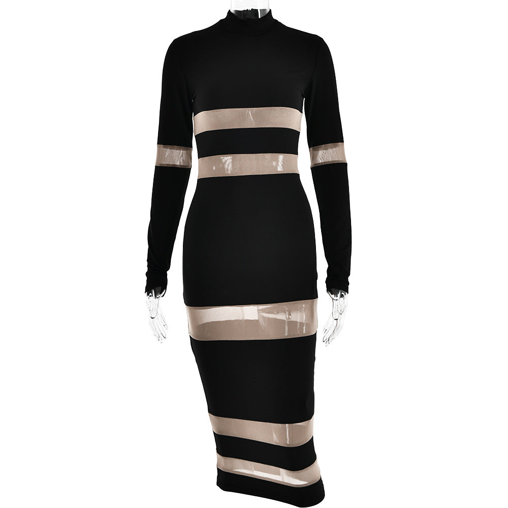 Round-neck long-sleeved dress women's stitching see-through sexy dresses autumn