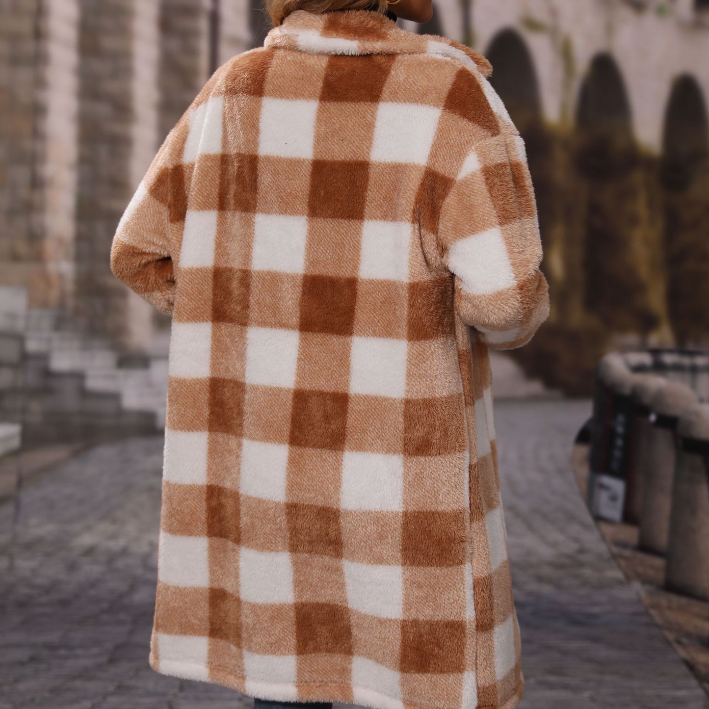 Autumn winter women's wear lapel long sleeve loose plaid single-breasted long plush casual coat