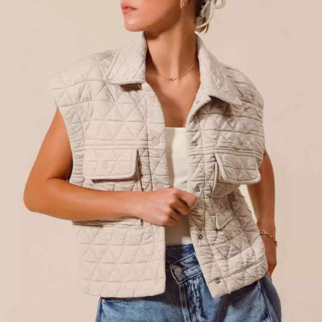 Button pocket lapels quilted winter vest women's clothing