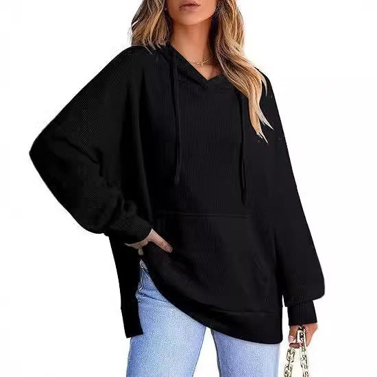 Women's hoodie waffle knitted side slit pullover sweater with pocket long sleeve